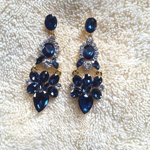 Blue faux sapphire, rhinestone and gold earrings